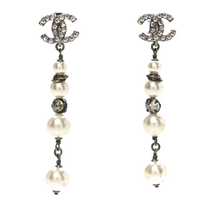 Chanel Pearl Crystal CC Chain Drop Earrings Silver 1 of 4