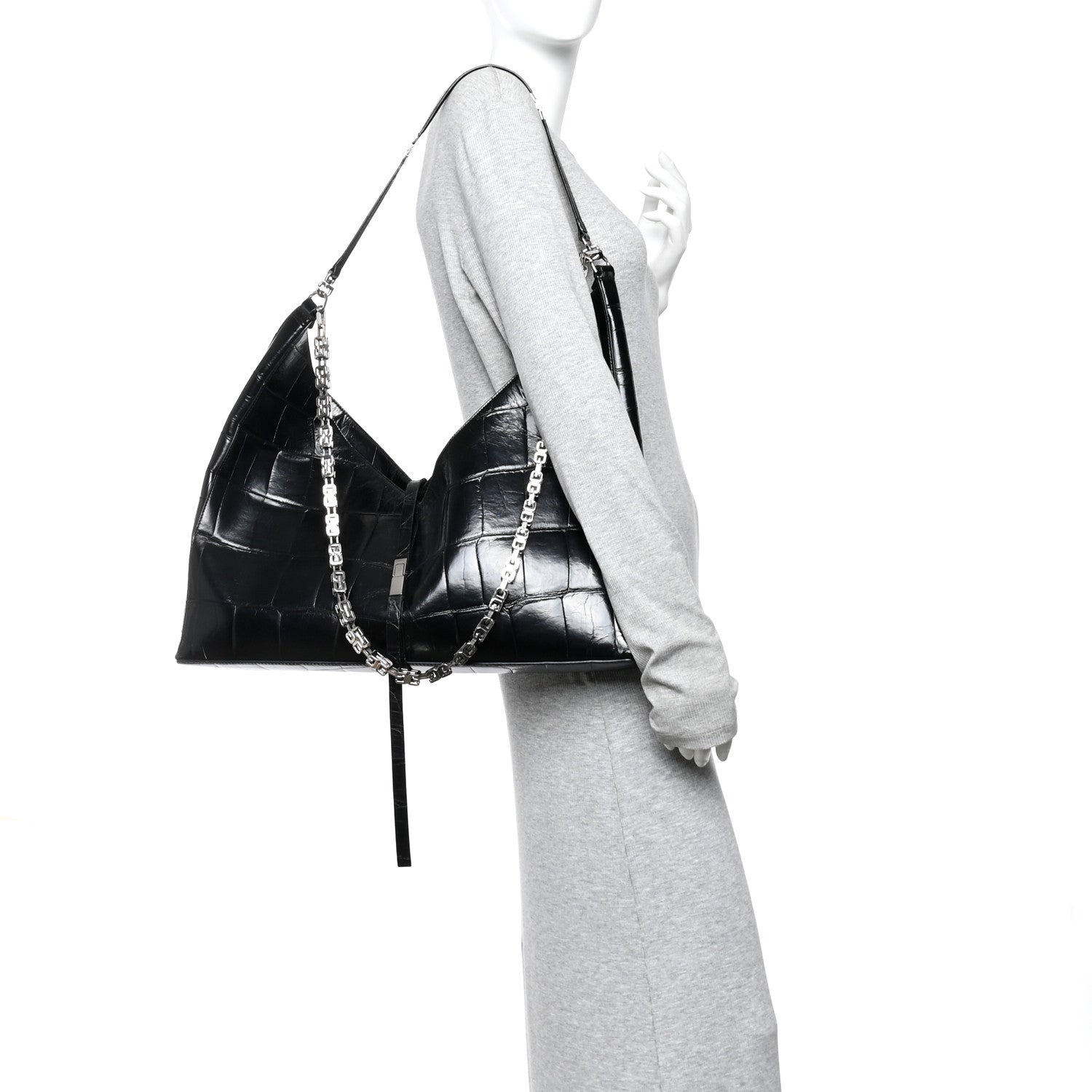 Givenchy Calfskin Crocodile Embossed Large Cut Out Shoulder Bag Black 2 of 10