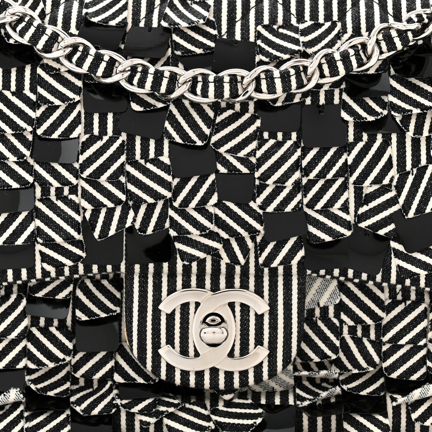 Canvas Sequin Stripe Medium Double Flap Black White