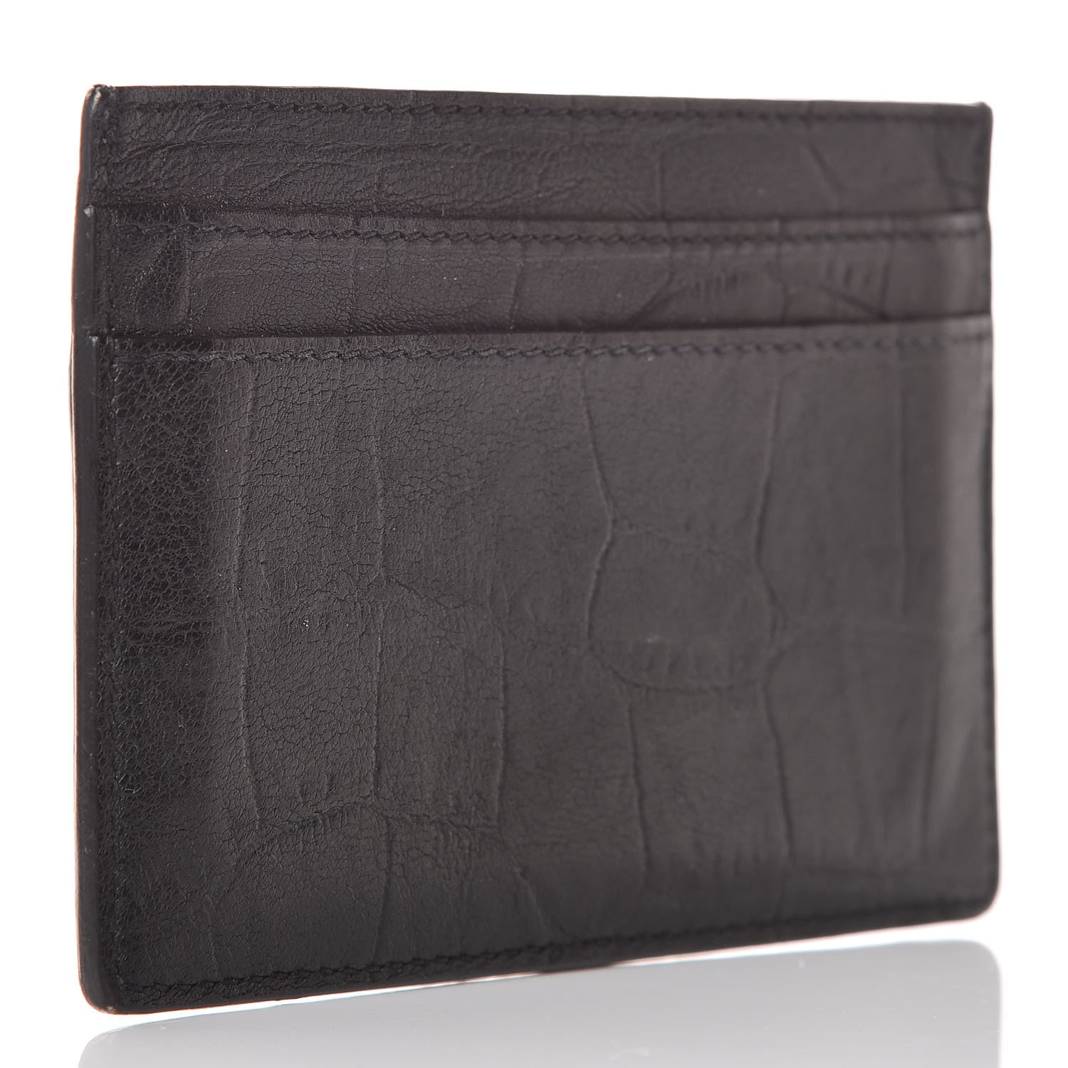 Saint Laurent Calfskin Crocodile Embossed Monogram Credit Card Case Black 3 of 12