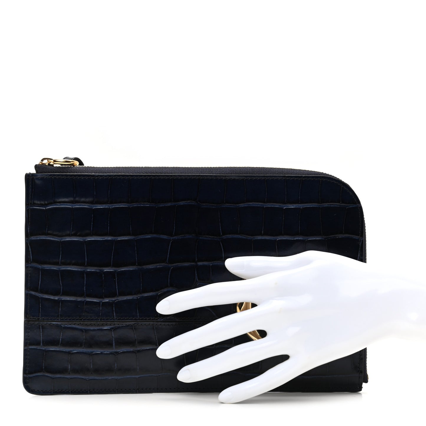 Calfskin Crocodile Embossed C Flat Pouch Full Blue