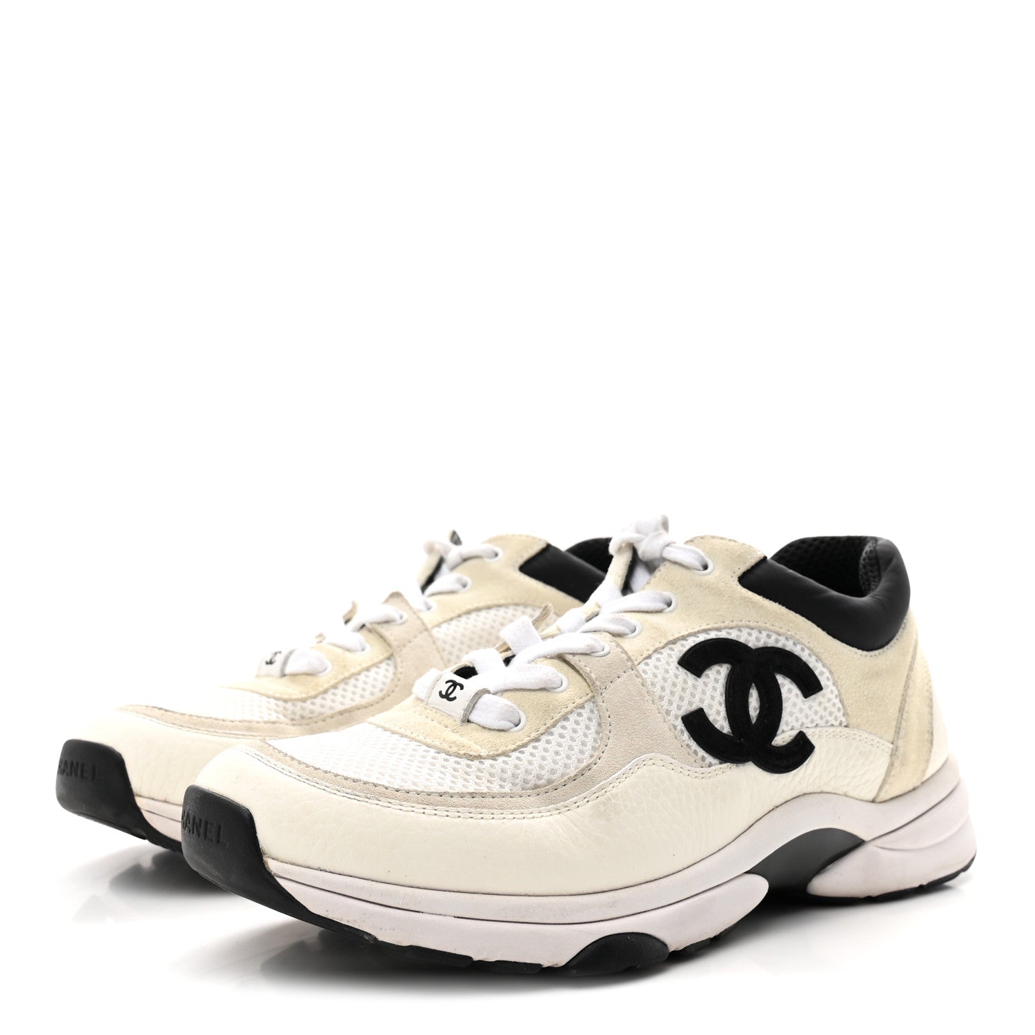Chanel Mesh Suede Calfskin Grained Calfskin Womens CC Sneakers 39.5 White Black 4 of 9