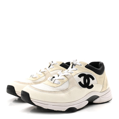 Chanel Mesh Suede Calfskin Grained Calfskin Womens CC Sneakers 39.5 White Black 4 of 9