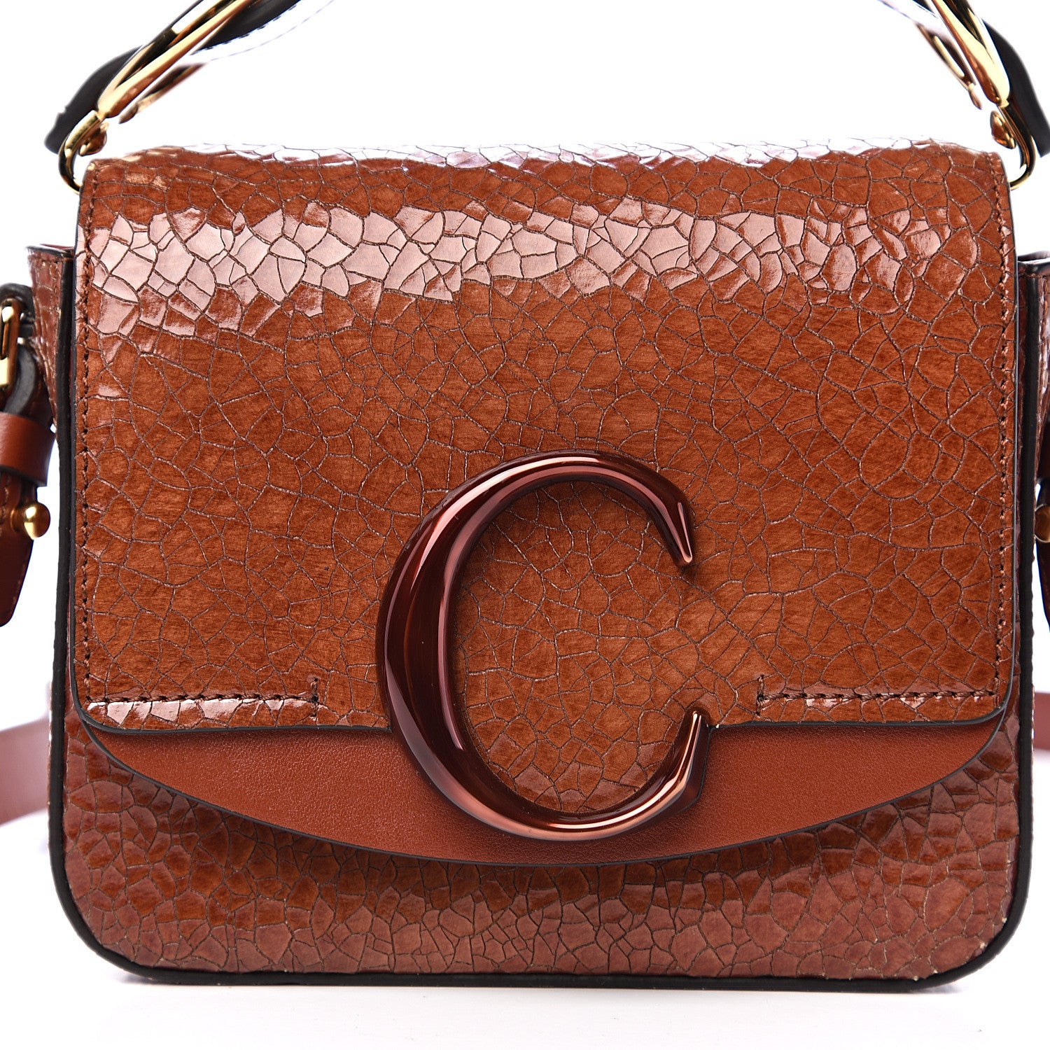 Chloe Patent Textured Shiny Calfskin Mini C Double Carry Sepia Brown 8 of 8