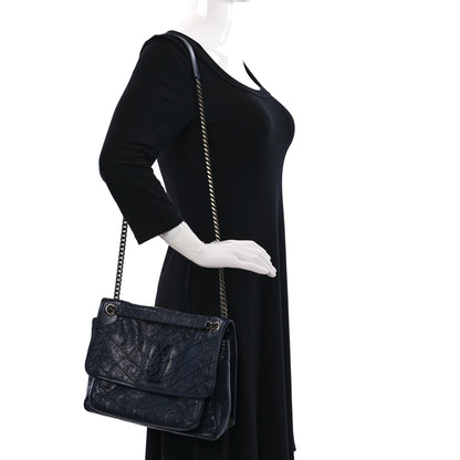 Saint Laurent Crinkled Calfskin Matelasse Monogram Medium Niki Chain Satchel Deep Marine 2 of 8