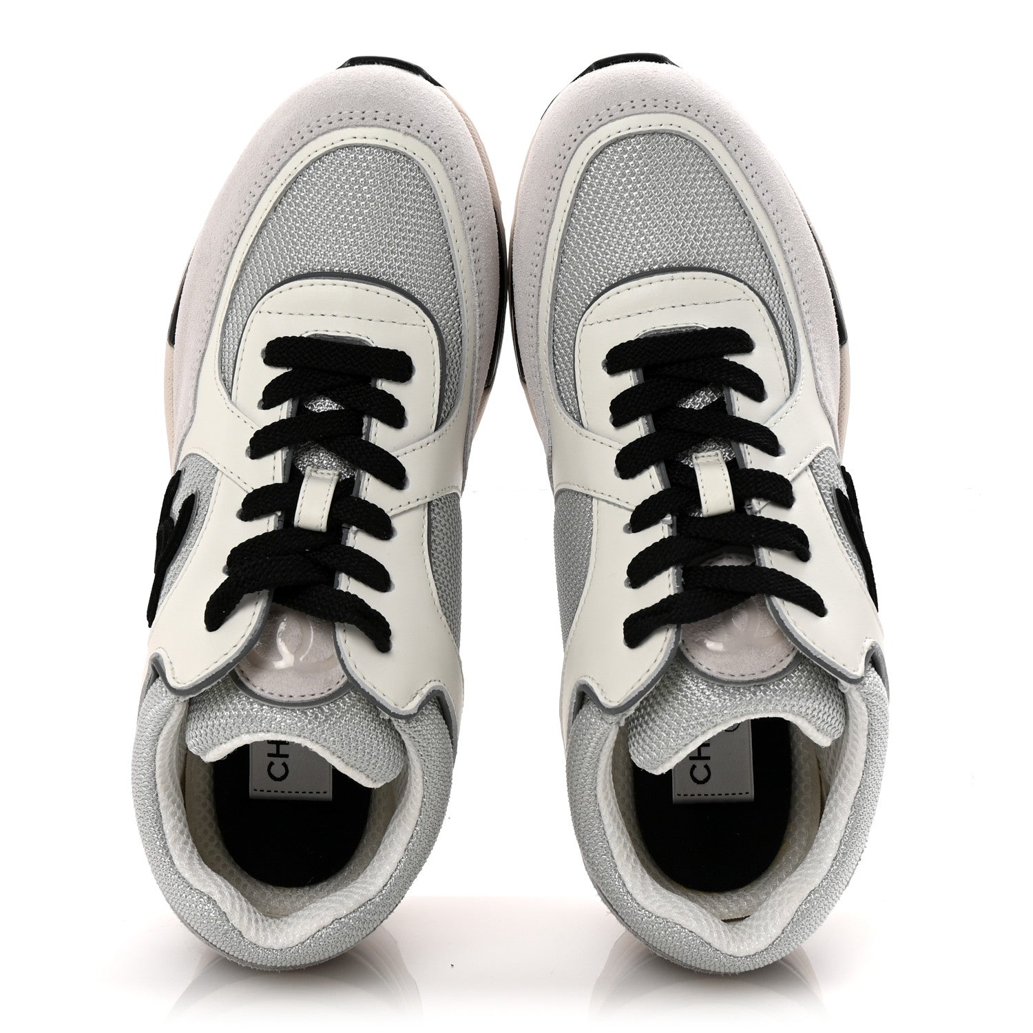 Chanel Calfskin Fabric Womens CC Sneakers 37 White Silver Light