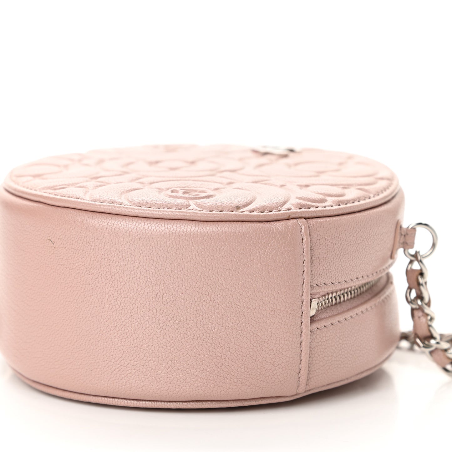 Goatskin Camellia Quilted Round Clutch With Chain Light Pink