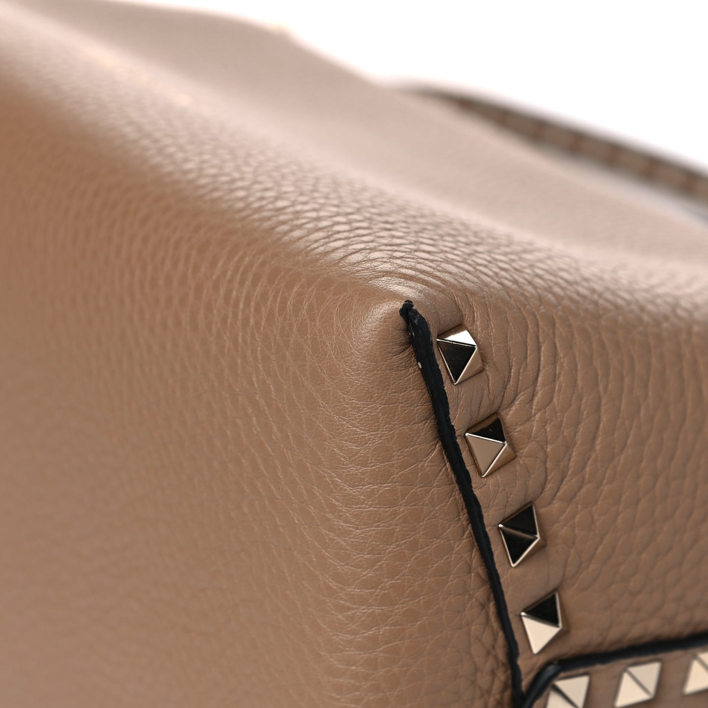 Grained Calfskin Rockstud Single Handle Flap Bag Beige