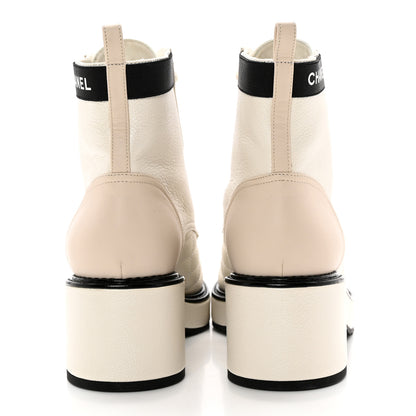 Chanel Pearly Calfskin Patent Calfskin Quilted Lace Up Boots 38 White Light Gray Black 5 of 17