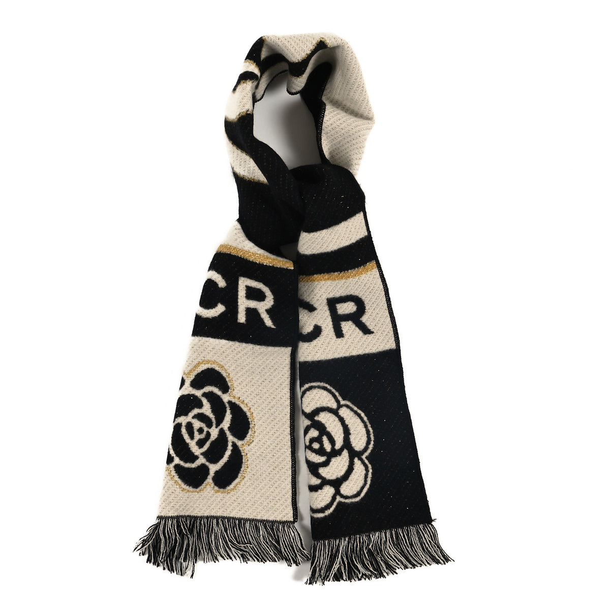 Chanel Cashmere Wool Metallic Fiber Manchester Camellia Fringe Scarf Black White 1 of 3