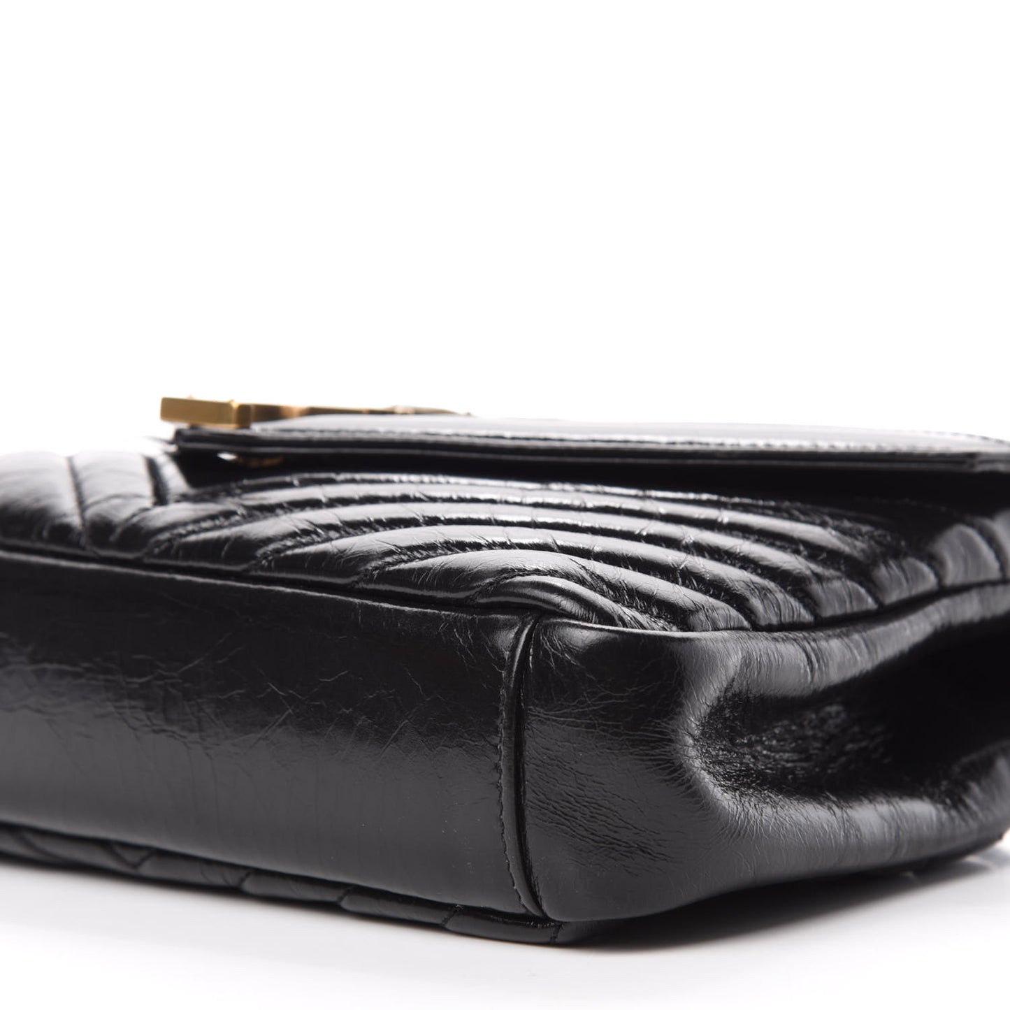 Cracked Shiny Calfskin Matelasse Chevron Monogram Medium College Bag Black