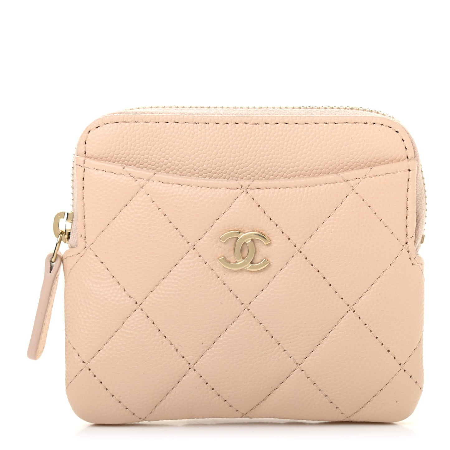 Caviar Quilted Zip Card Holder Wallet Light Beige