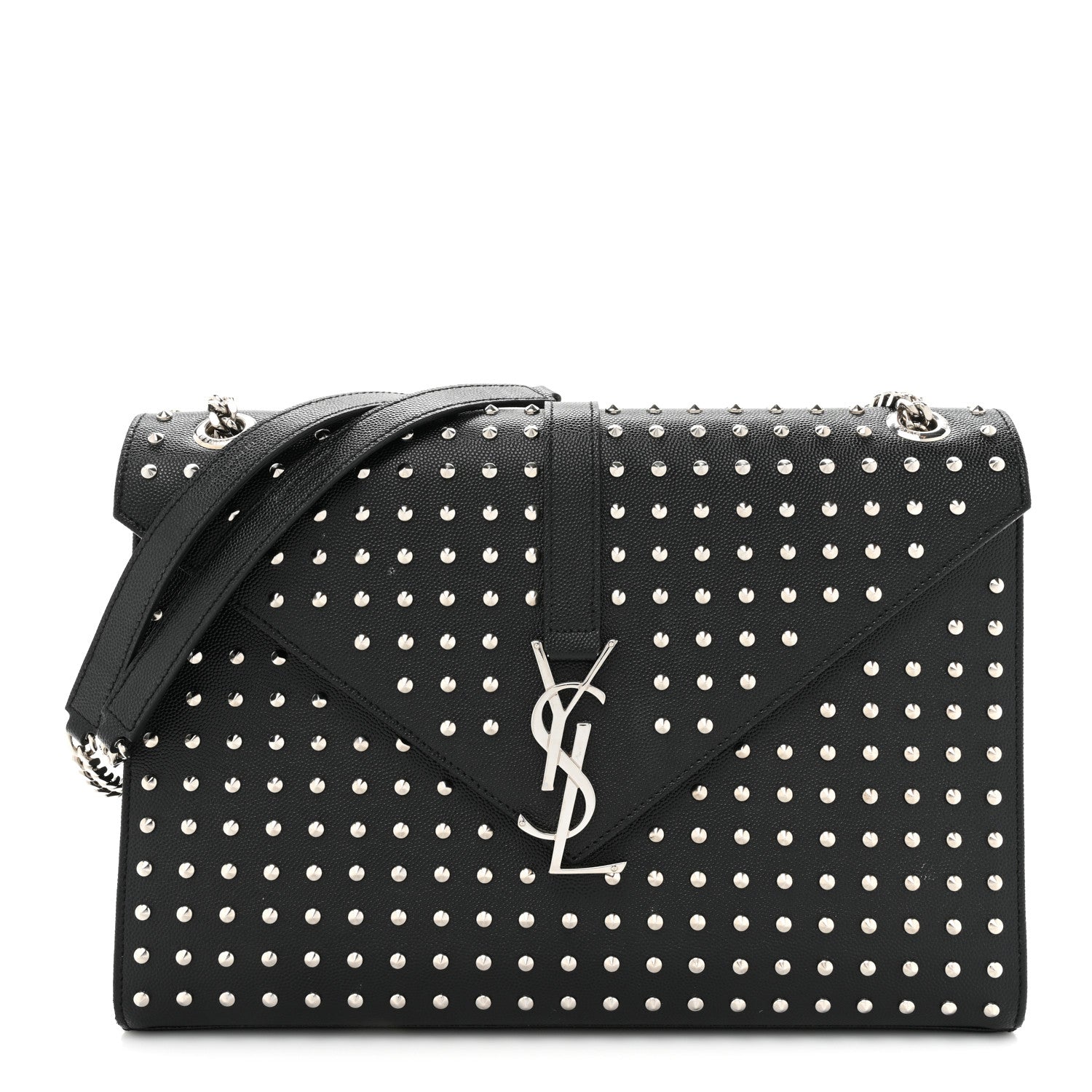 Saint Laurent Grain de Poudre Matelasse Studded Large Monogram Satchel Black 1 of 14