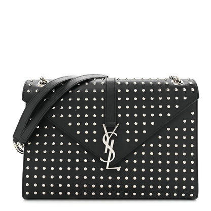 Saint Laurent Grain de Poudre Matelasse Studded Large Monogram Satchel Black 1 of 14