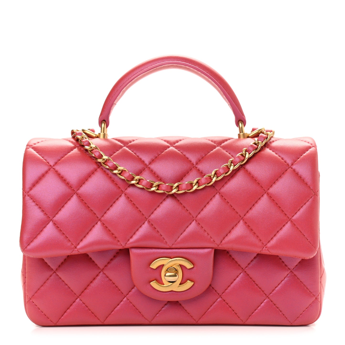 Iridescent Lambskin Quilted Mini Top Handle Rectangular Flap Red
