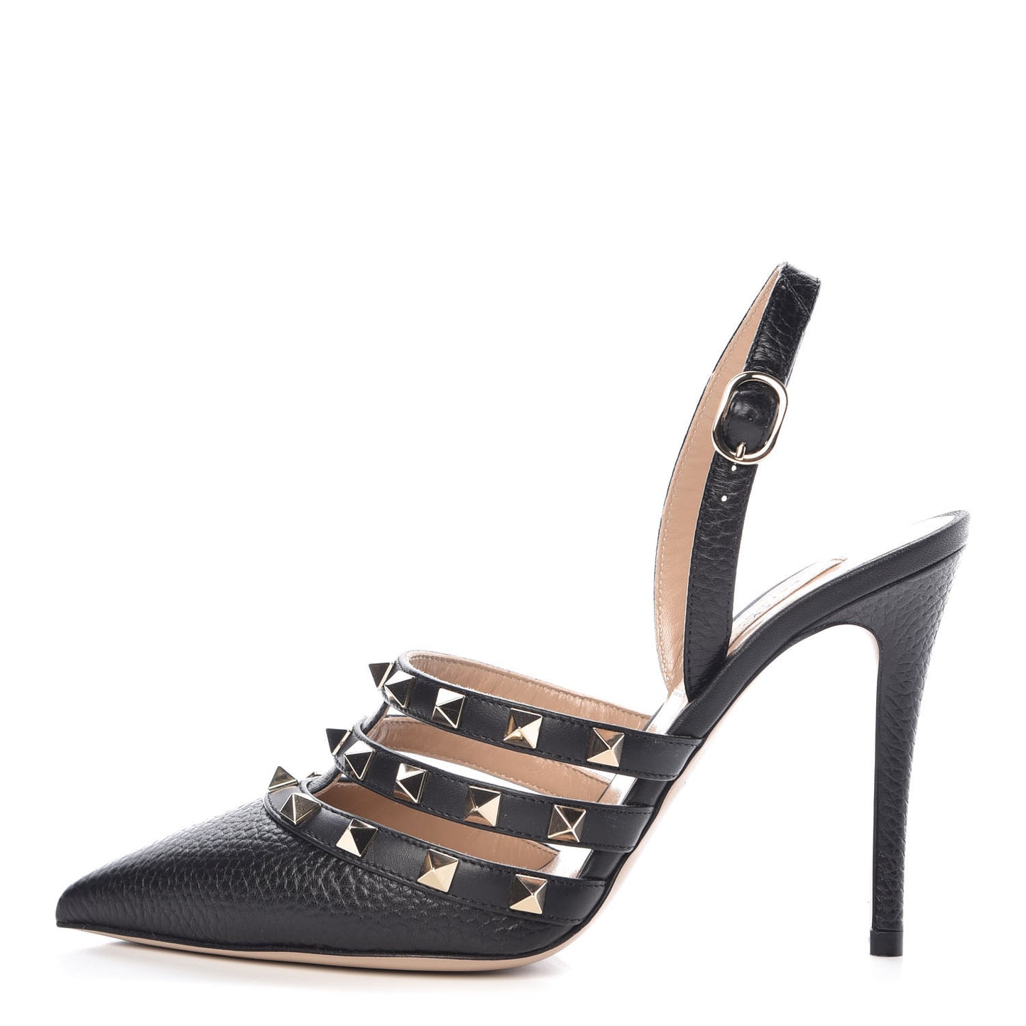 Pebbled Calfskin Rockstud Cage Slingback Pumps 36 Black