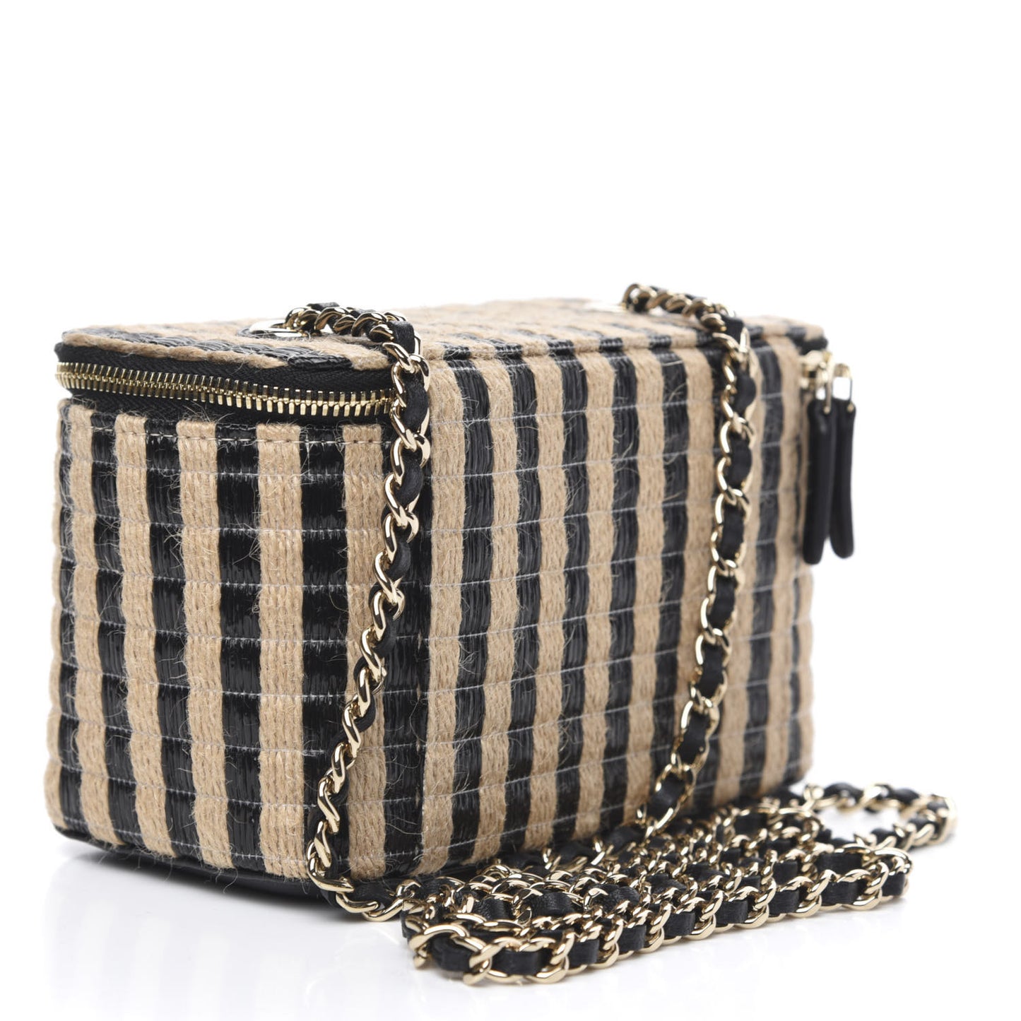 Raffia Jute Striped Small Vanity Case With Chain Black Beige
