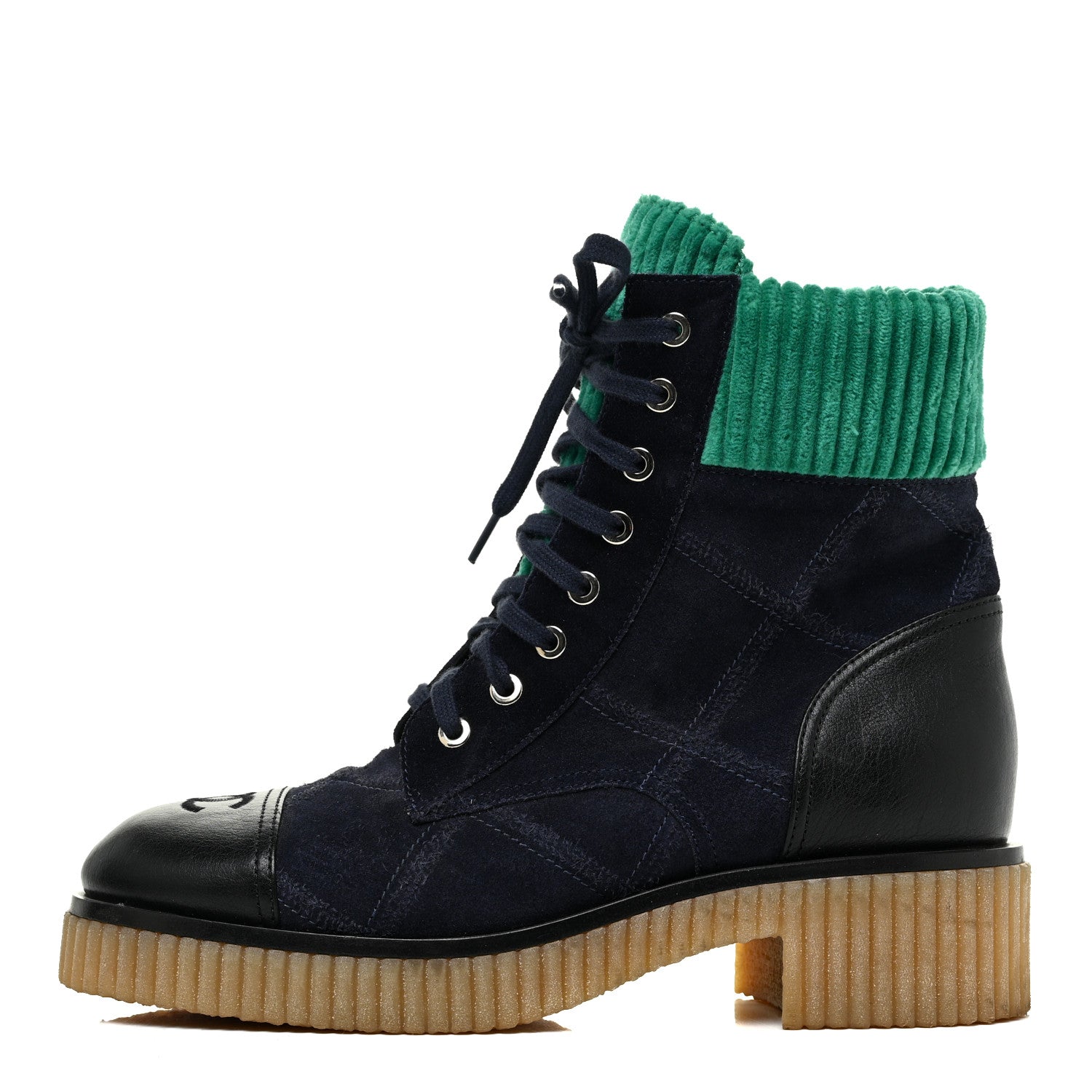 Chanel Suede Calfskin Velvet Quilted CC Combat Boots 38.5 Navy Green Black 1 of 12