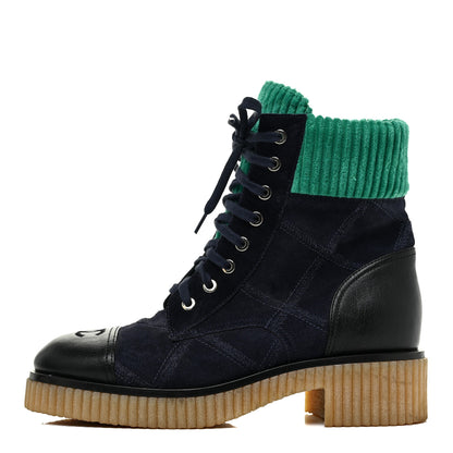 Chanel Suede Calfskin Velvet Quilted CC Combat Boots 38.5 Navy Green Black 1 of 12