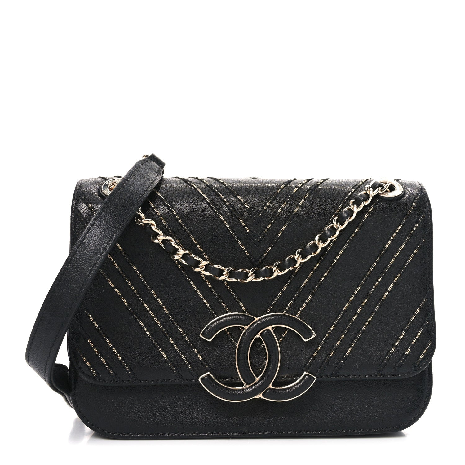 Chanel Calfskin Chevron Beaded Chain Mini Square Flap Black 1 of 11