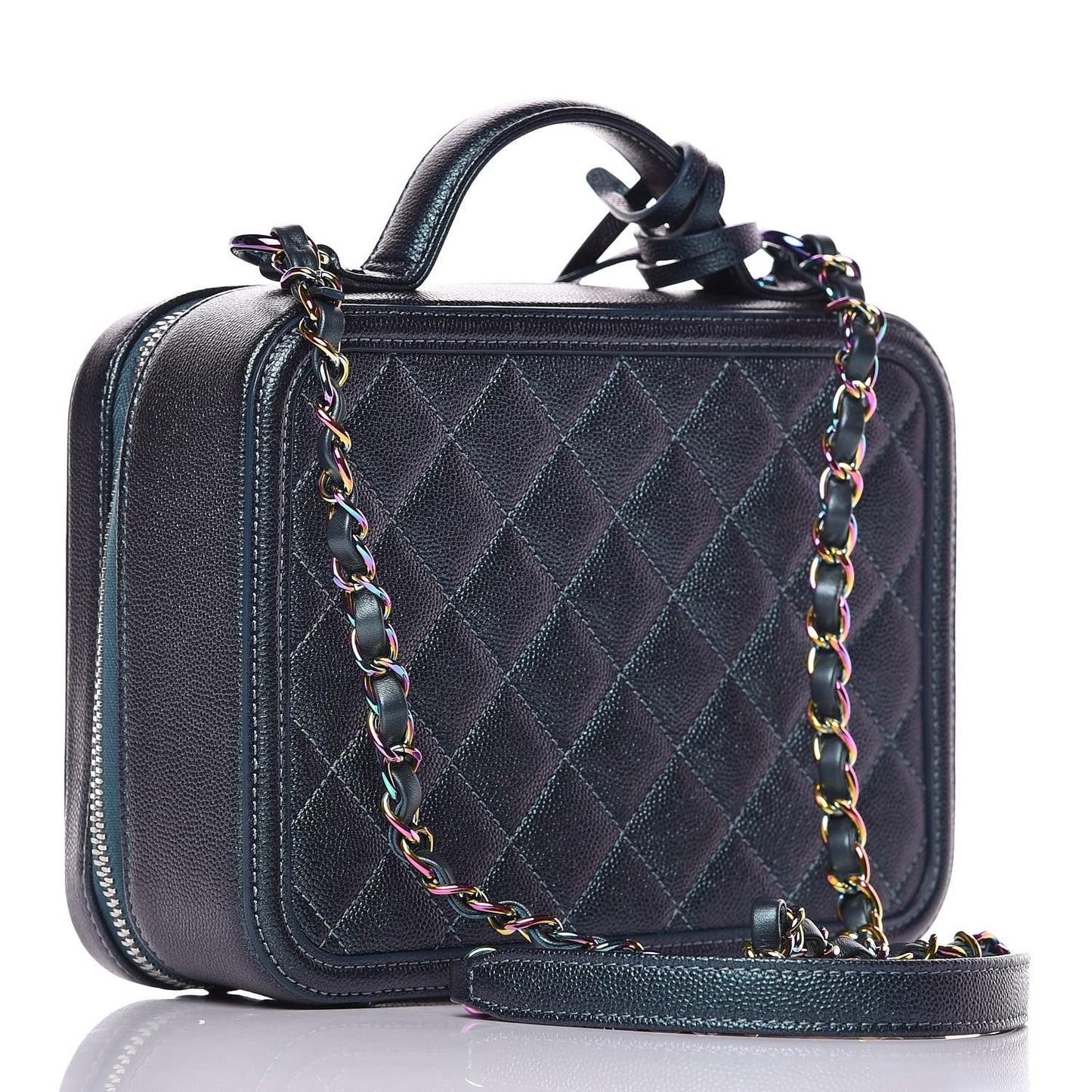 Iridescent Caviar Quilted Medium CC Filigree Vanity Case Dark Turquoise