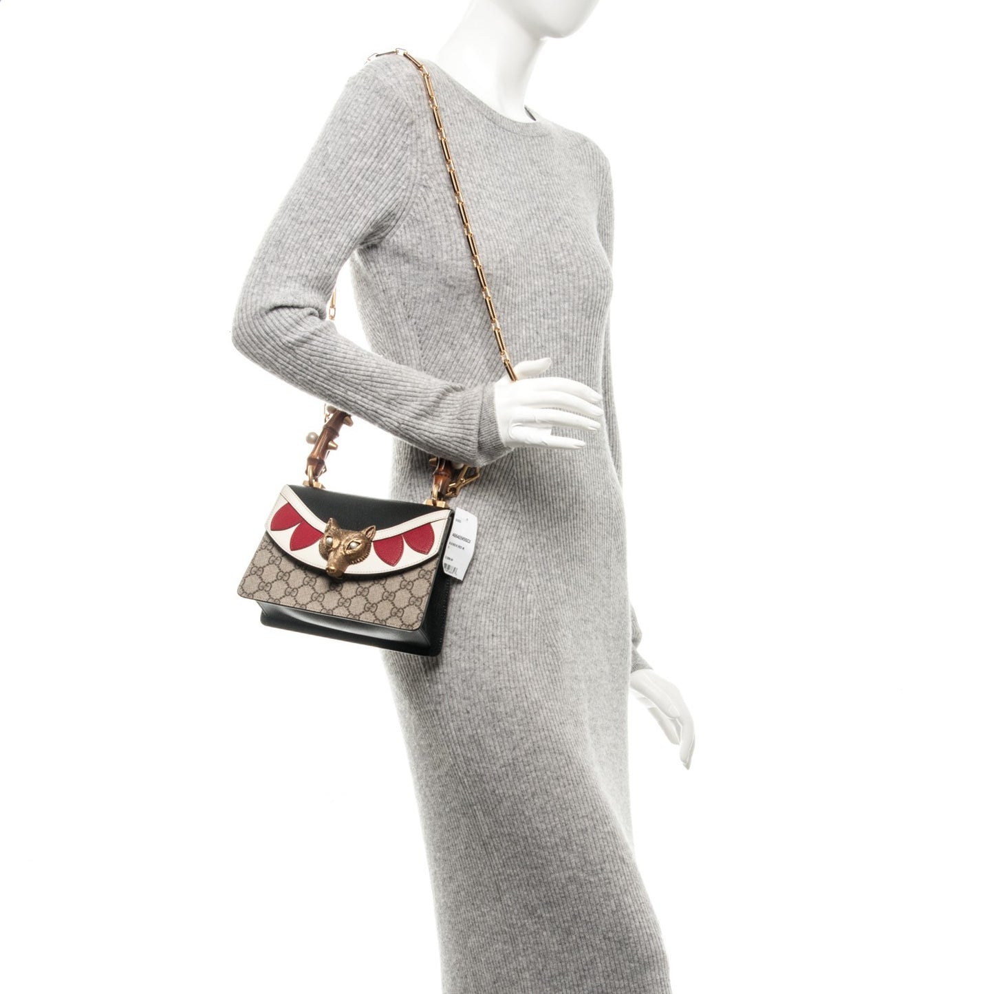 GG Supreme Monogram Goatskin Pearl Mini Fox Broche Bamboo Top Handle Bag Beige Ebony Black Hibiscus Red Mystic White
