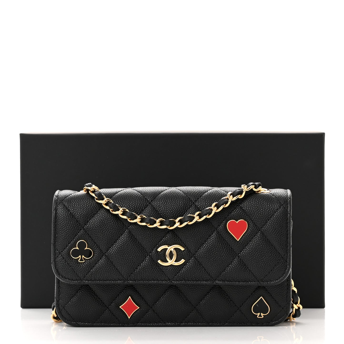 Caviar Quilted Enamel Coco Casino Flap Phone Holder With Chain Black