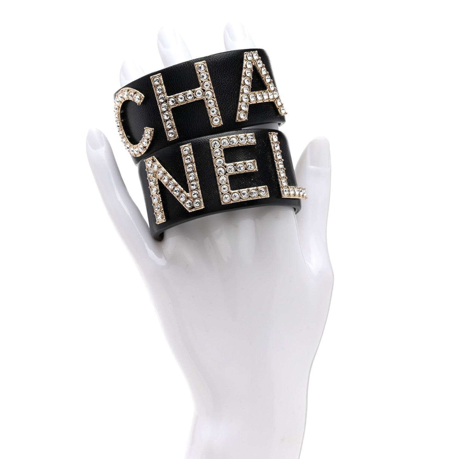 Chanel Crystal Lambskin Cha-Nel Logo Cuff Set M Black Gold 2 of 5