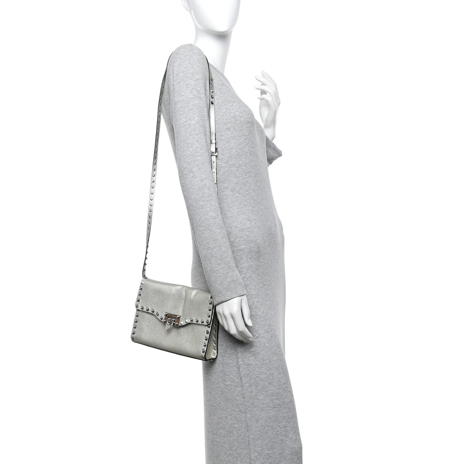 Valentino Garavani Metallic Pebbled Calfskin Medium Rockstud Flip Lock Crossbody Bag Silver 2 of 12