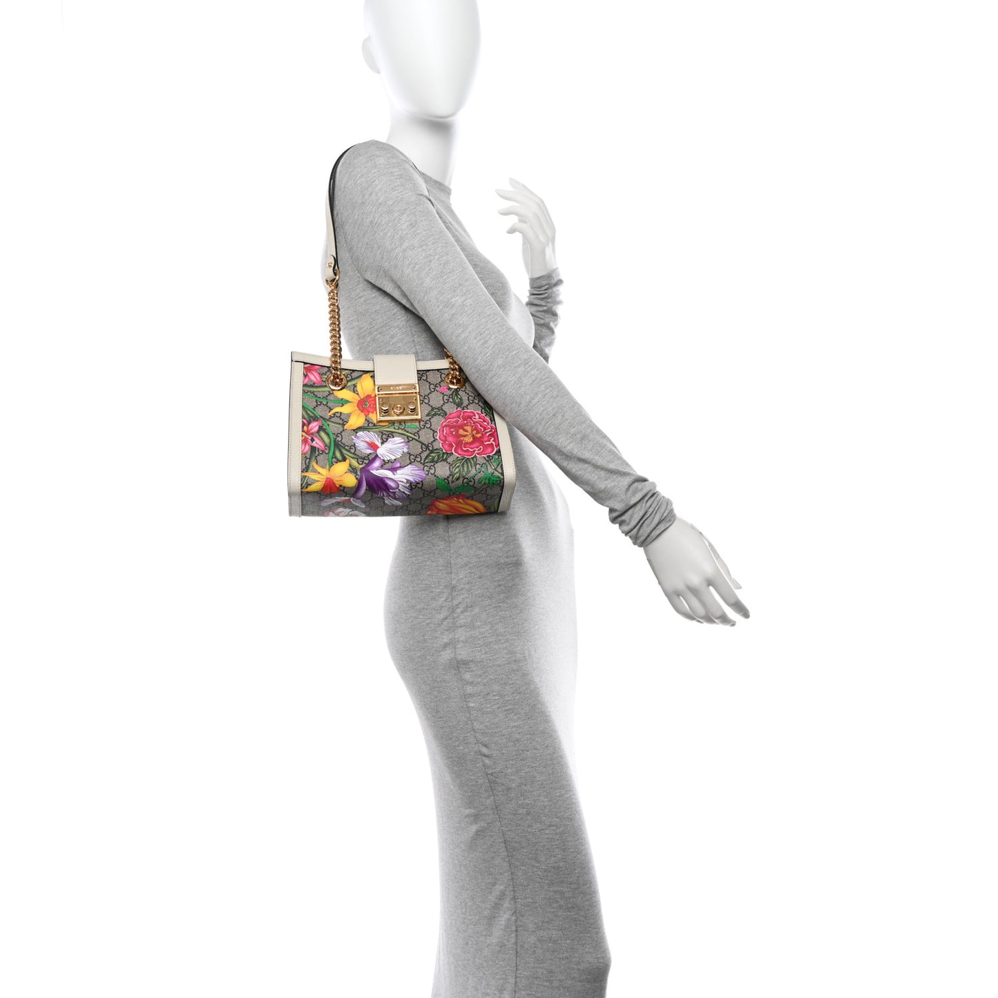 GG Supreme Monogram Flora Textured Calfskin Small Padlock Tote Beige Ebony Multicolor Mystic White