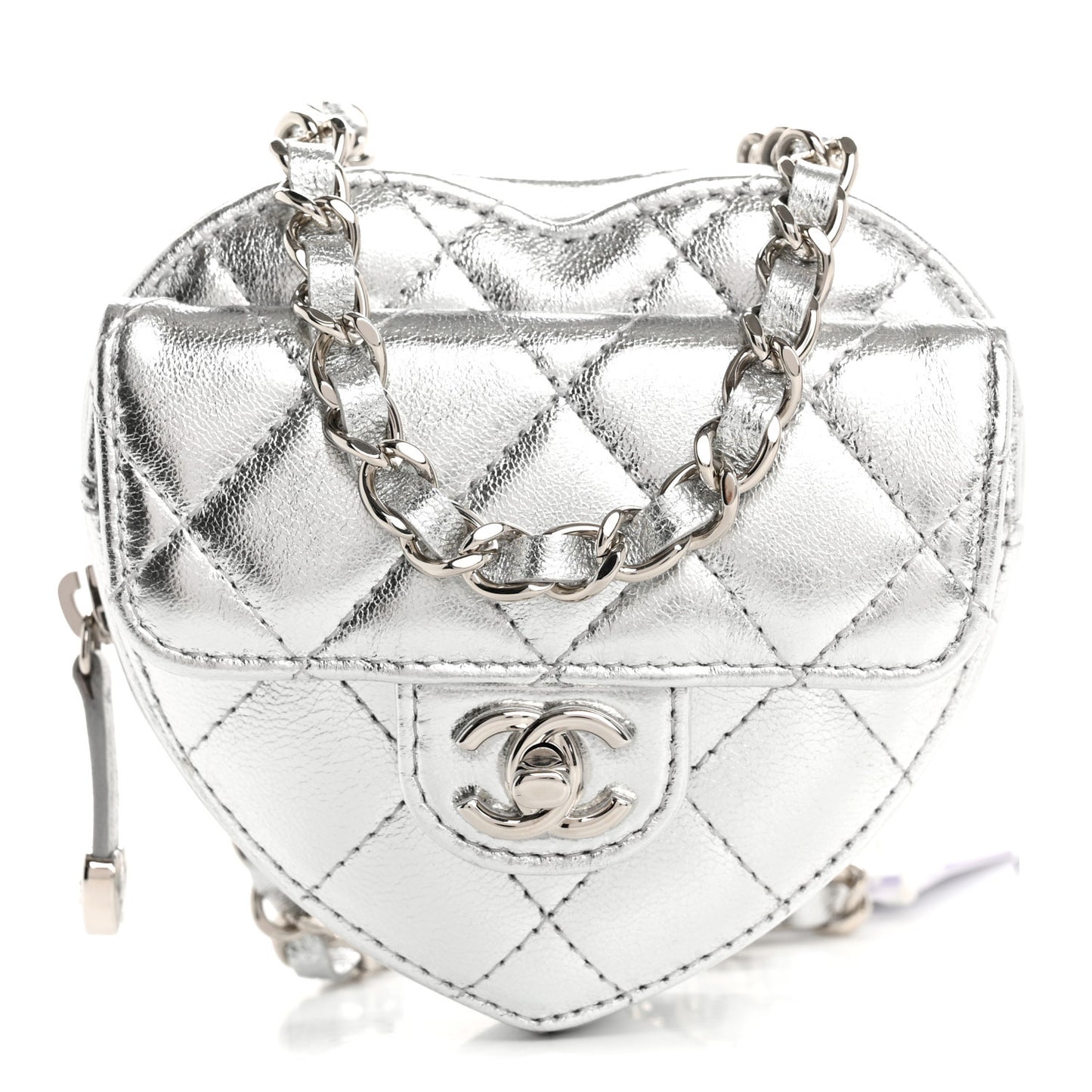 Metallic Lambskin Quilted CC In Love Heart Waist Belt Bag With Chain Silver