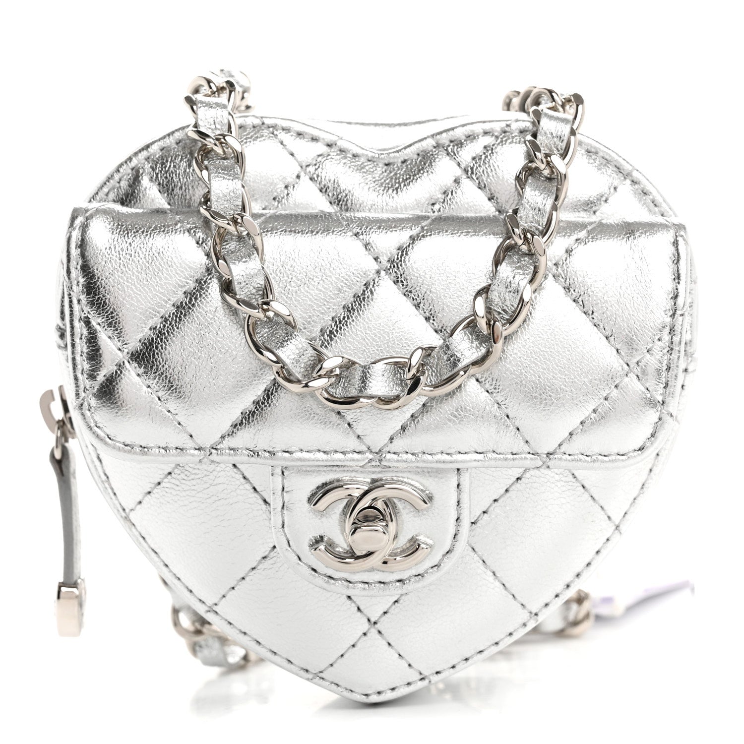 Chanel Metallic Lambskin Quilted CC In Love Heart Waist Belt Bag With Chain Silver 1 of 11