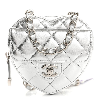 Chanel Metallic Lambskin Quilted CC In Love Heart Waist Belt Bag With Chain Silver 1 of 11
