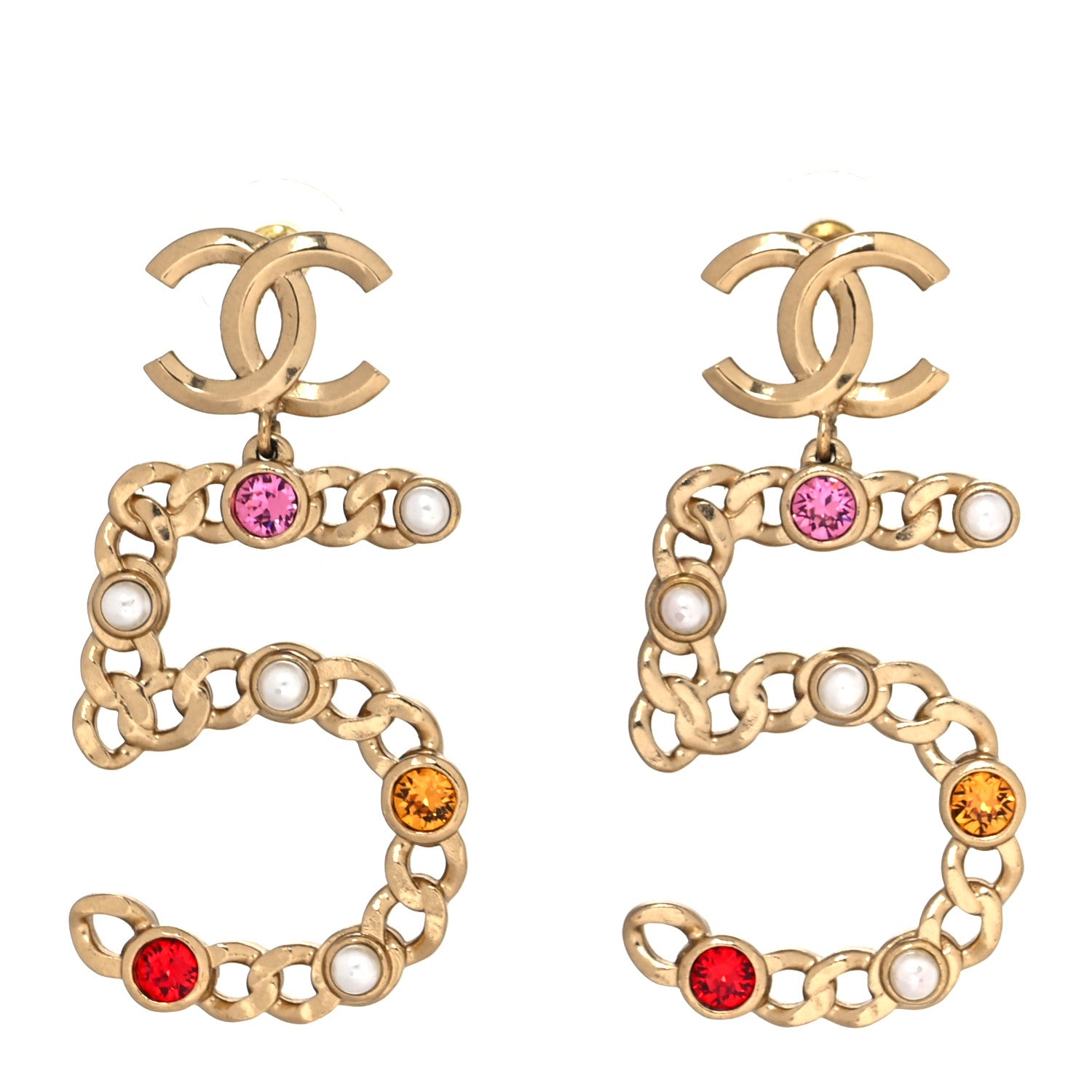 Chanel Pearl Crystal Chain CC No 5 Drop Earrings Gold Pink Red Orange 1 of 5