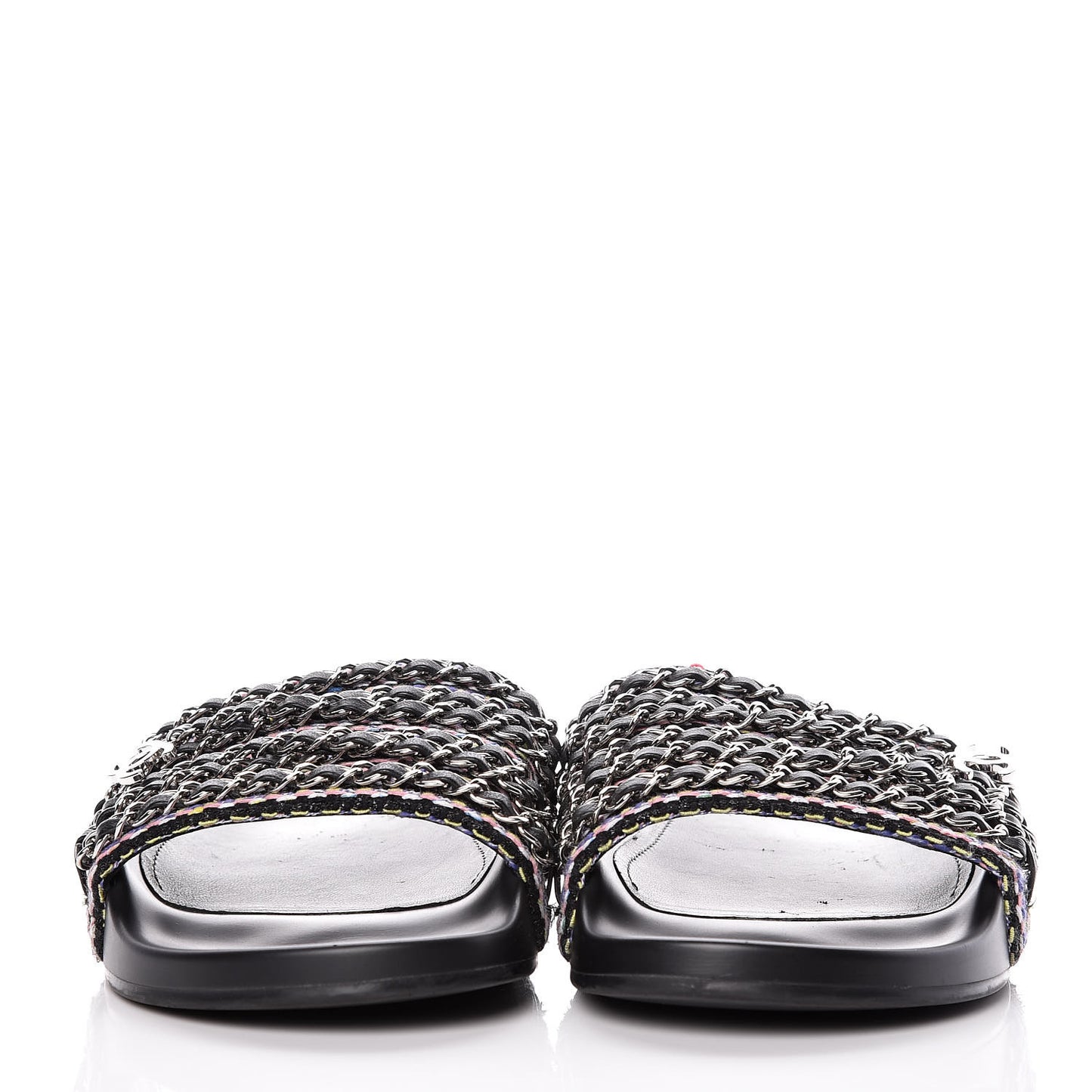 Tweed Lambskin Chain Flat Sandals 41 Black Multicolor