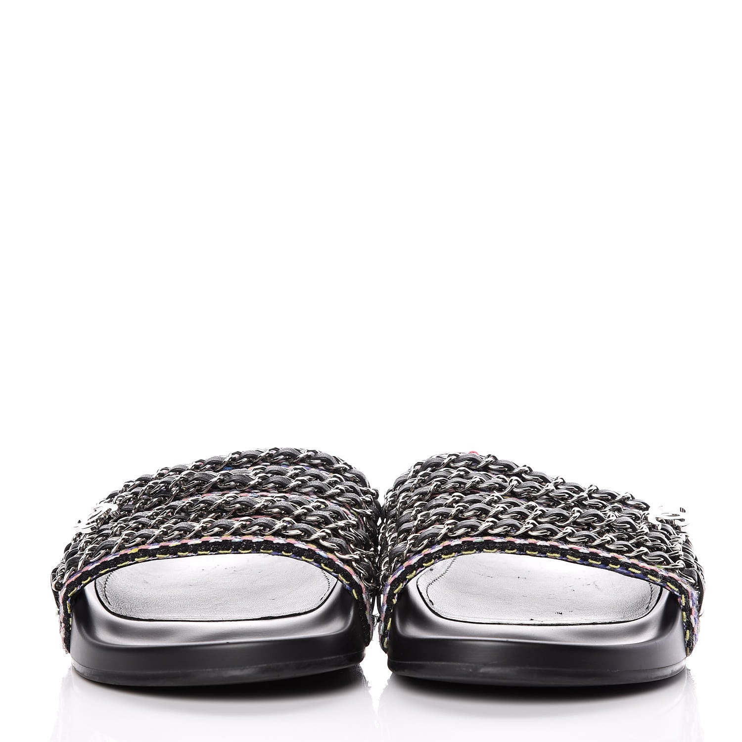 Chanel Tweed Lambskin Chain Flat Sandals 41 Black Multicolor 2 of 9