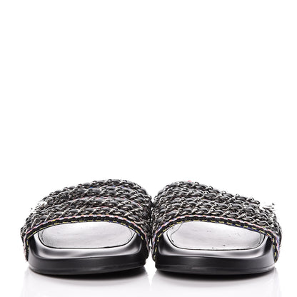 Chanel Tweed Lambskin Chain Flat Sandals 41 Black Multicolor 2 of 9