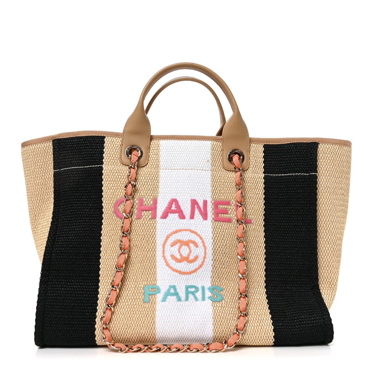 Straw Raffia Calfskin Striped Medium Deauville Tote Black Beige Ivory