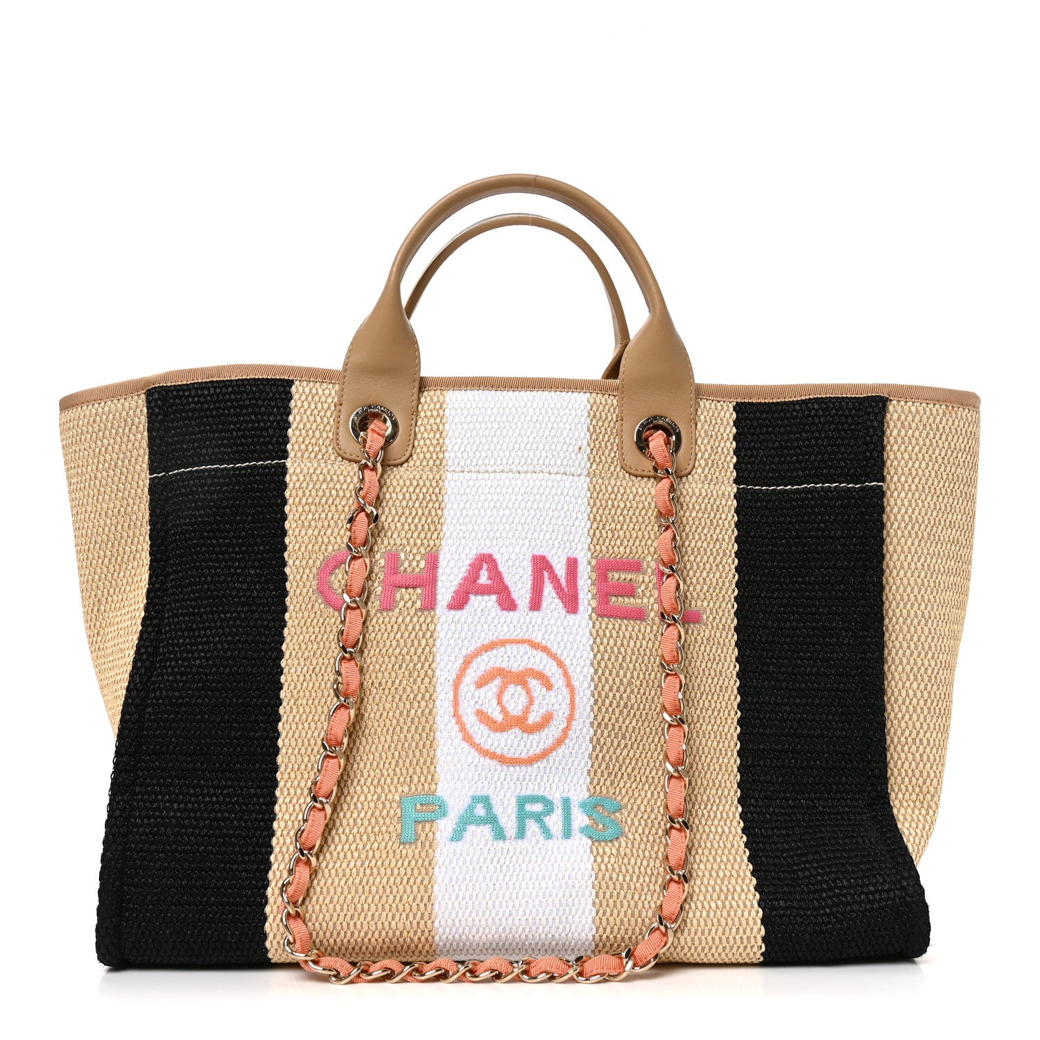 Chanel Straw Raffia Calfskin Striped Medium Deauville Tote Black Beige Ivory 1 of 10