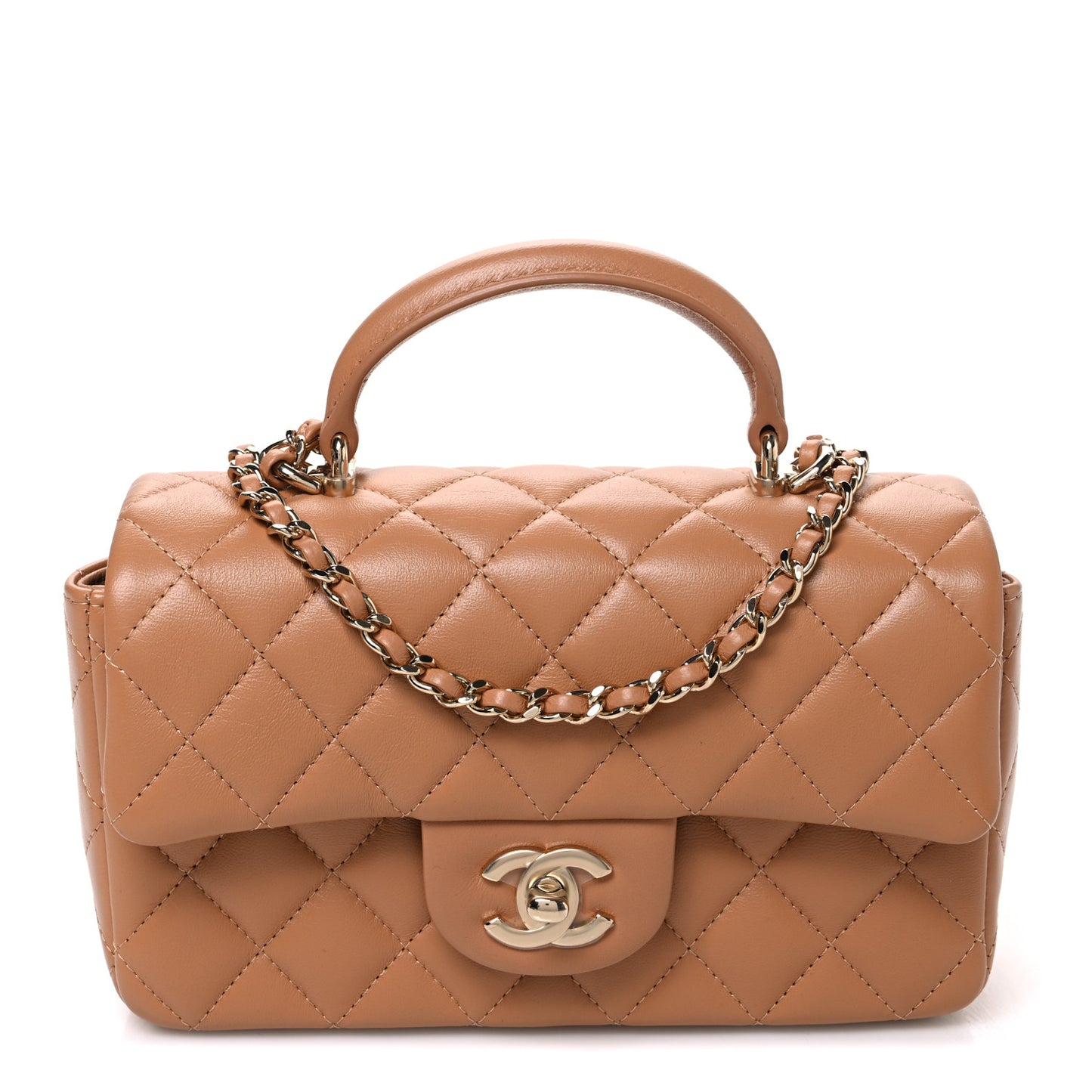 Lambskin Quilted Mini Top Handle Rectangular Flap Dark Beige