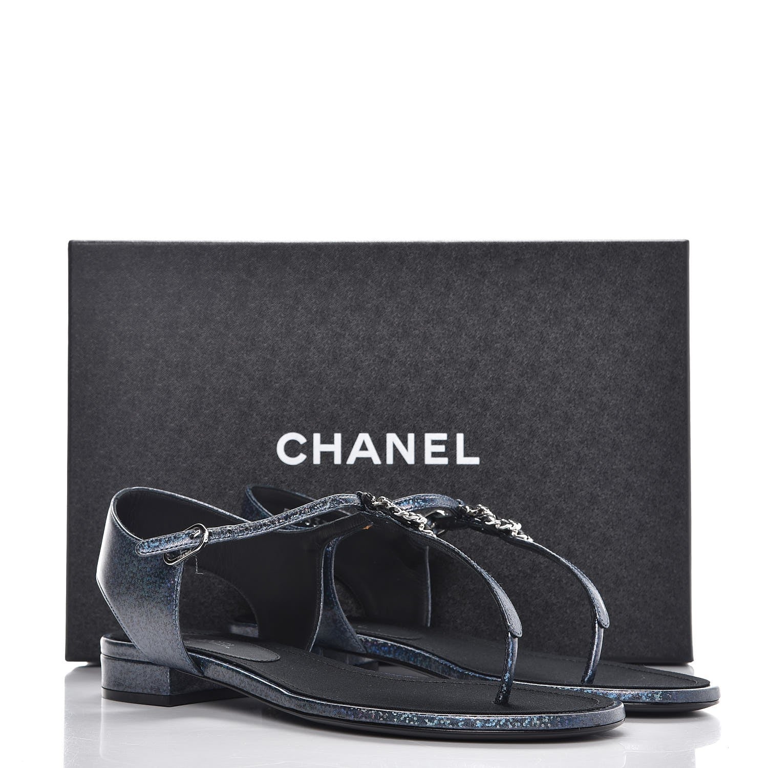 Chanel Fantasy Lambskin CC Chain Thong Sandals 40 Blue Black 9 of 9