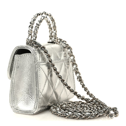 Chanel Metallic Lambskin Quilted Mini Chain CC Top Handle Clutch With Chain Silver 3 of 10