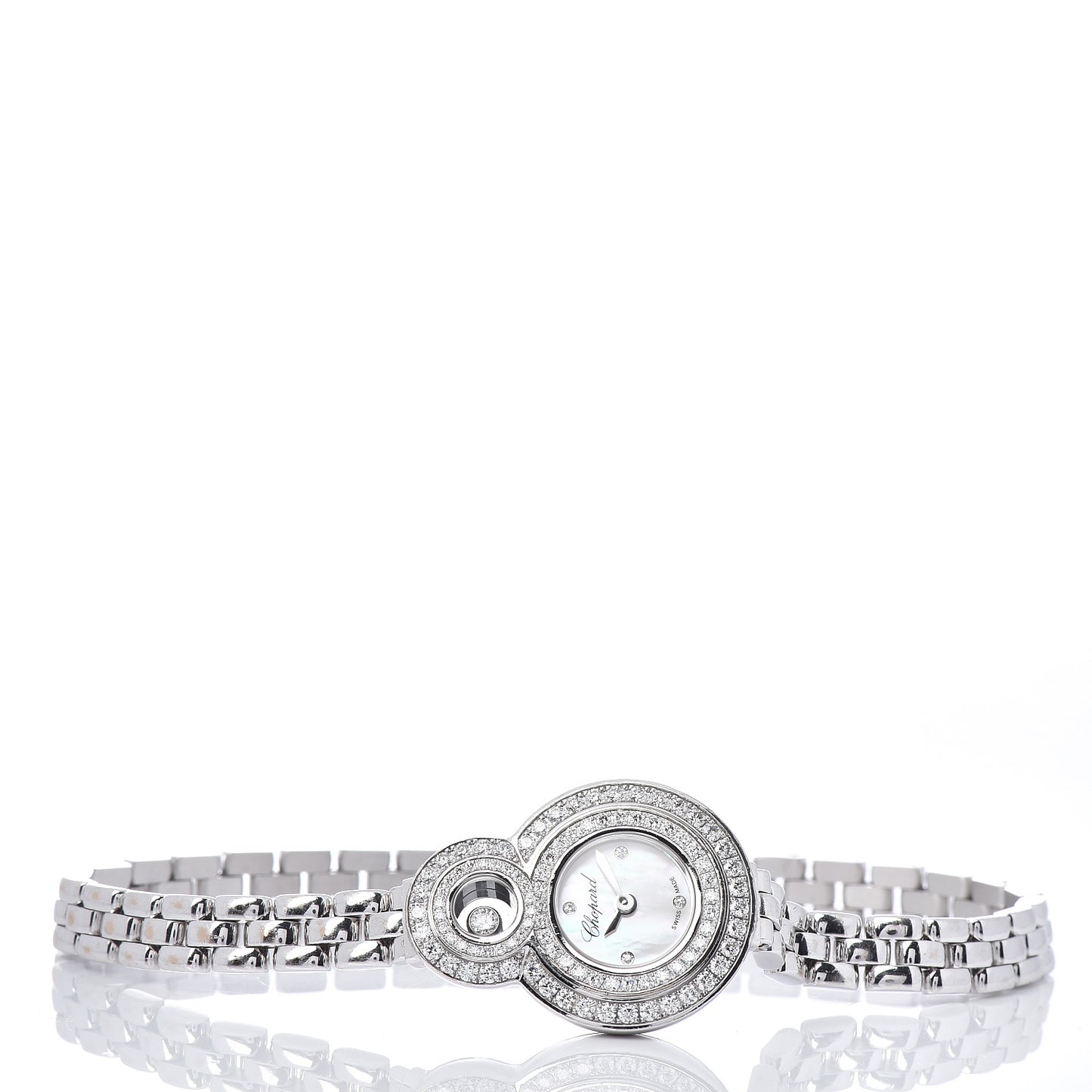 18K White Gold Diamond Pave Bezel Mother of Pearl 20mm Happy Eight Quartz Watch