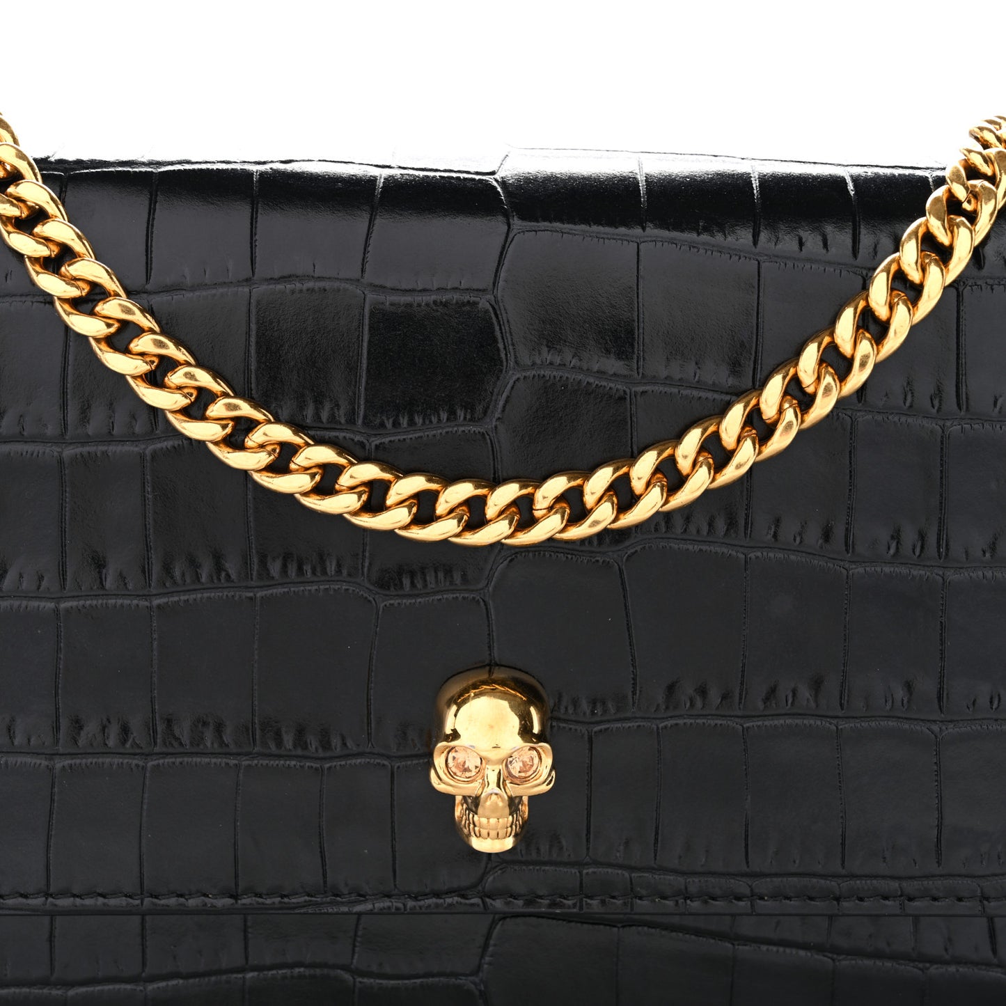 Calfskin Crocodile Embossed Skull Mini Crossbody Bag Black