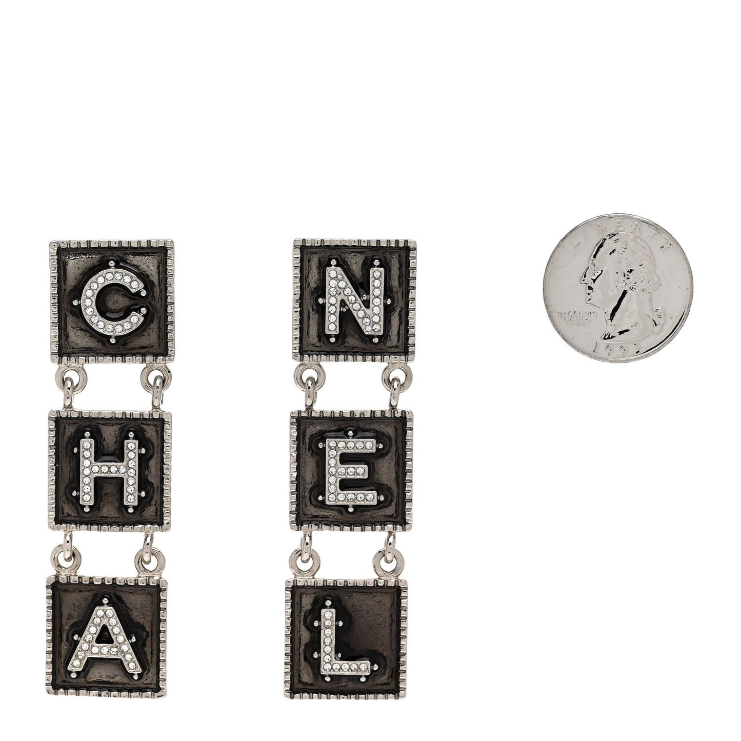 Metal Crystal Cha-Nel Logo Drop Earrings Silver
