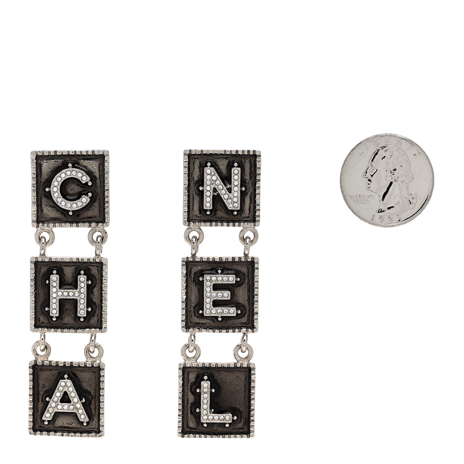 Chanel Metal Crystal Cha-Nel Logo Drop Earrings Silver 2 of 5
