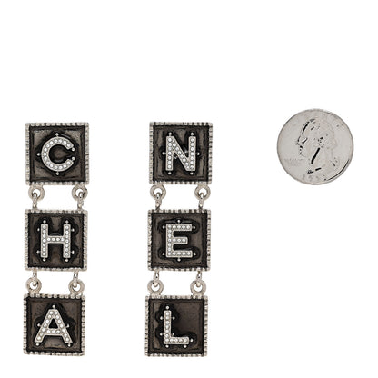 Chanel Metal Crystal Cha-Nel Logo Drop Earrings Silver 2 of 5