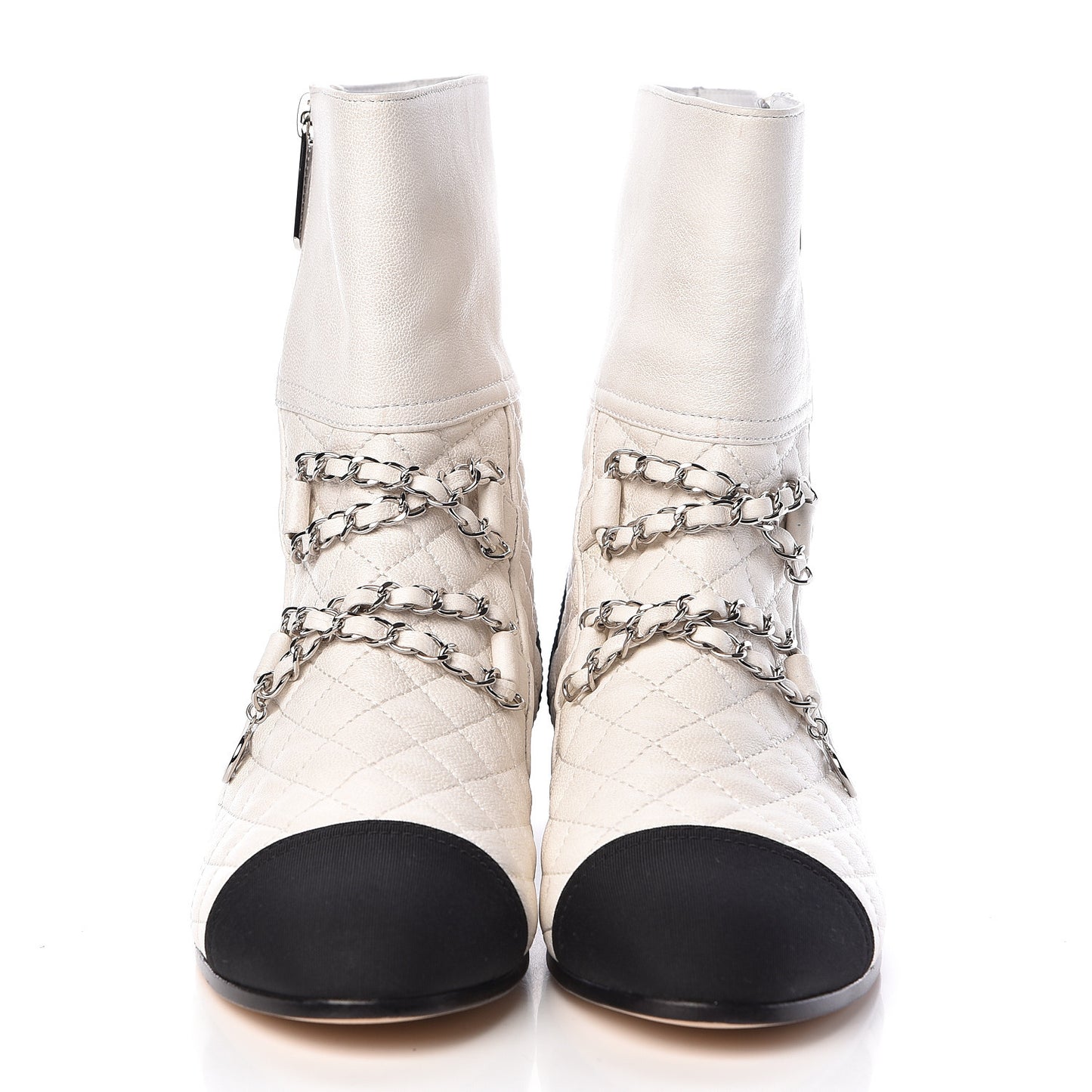 Lambskin Grosgrain Quilted Cap Toe Chain Boots 37.5 White Black