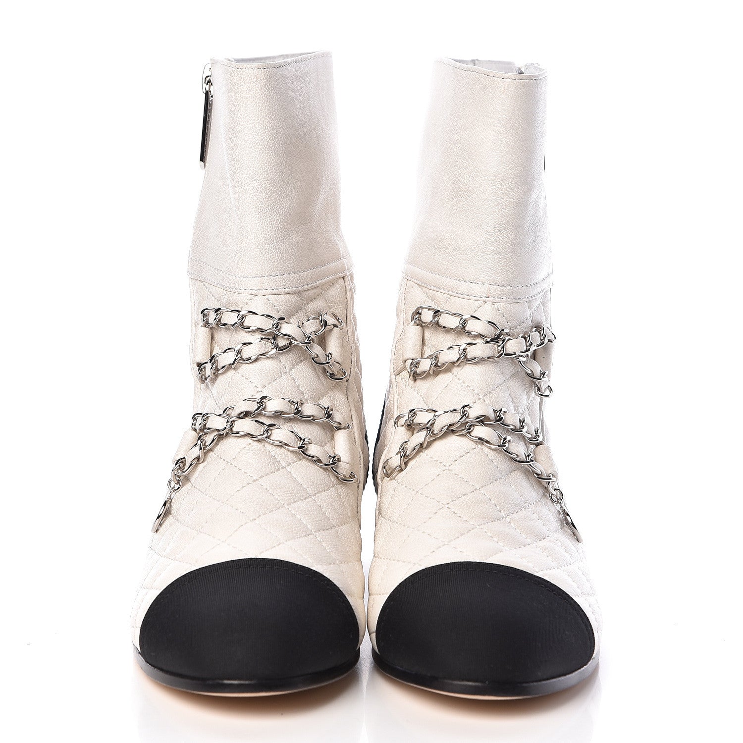 Chanel Lambskin Grosgrain Quilted Cap Toe Chain Boots 37.5 White Black 2 of 11