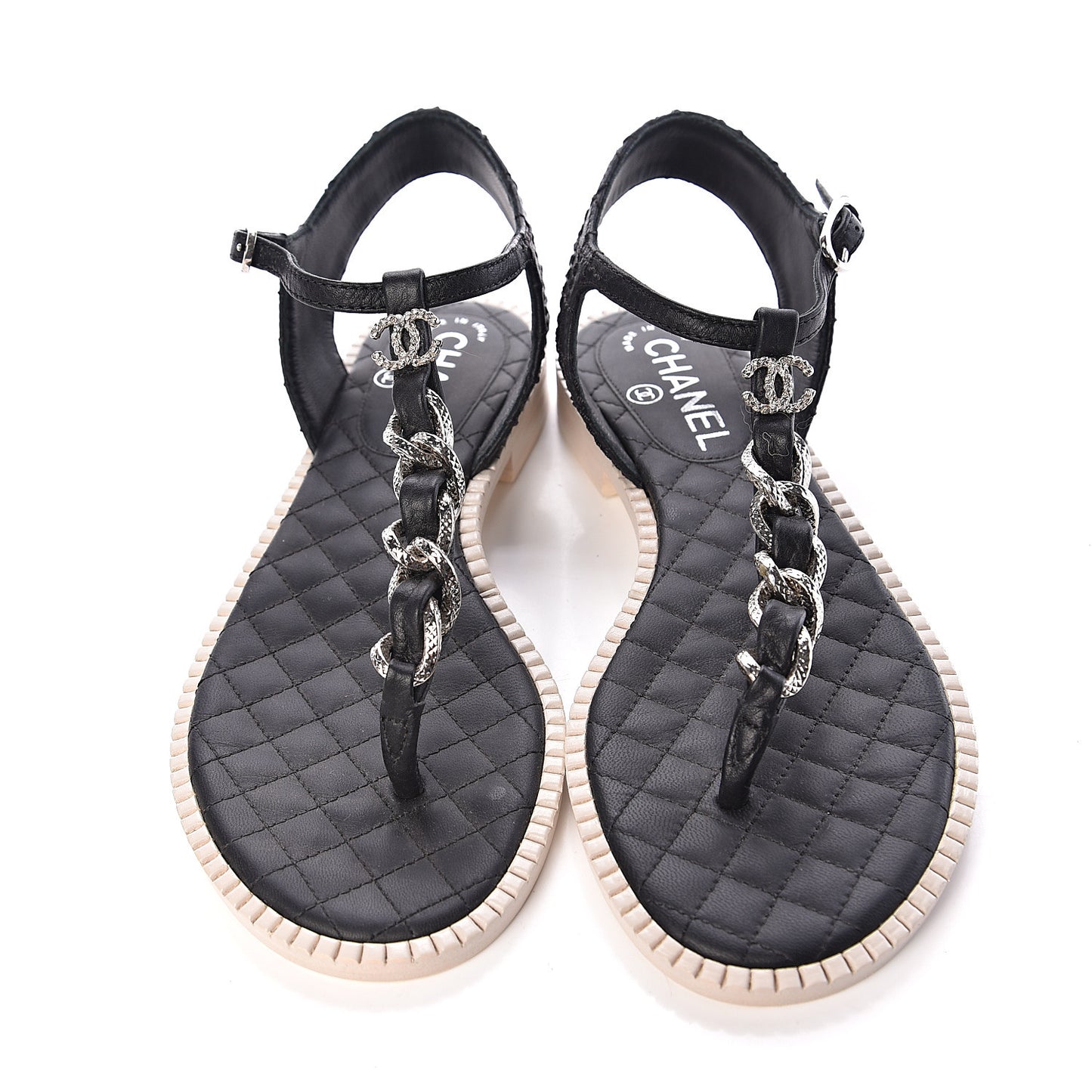 Souple Calfskin Chain CC Thong Sandals 37 Black White